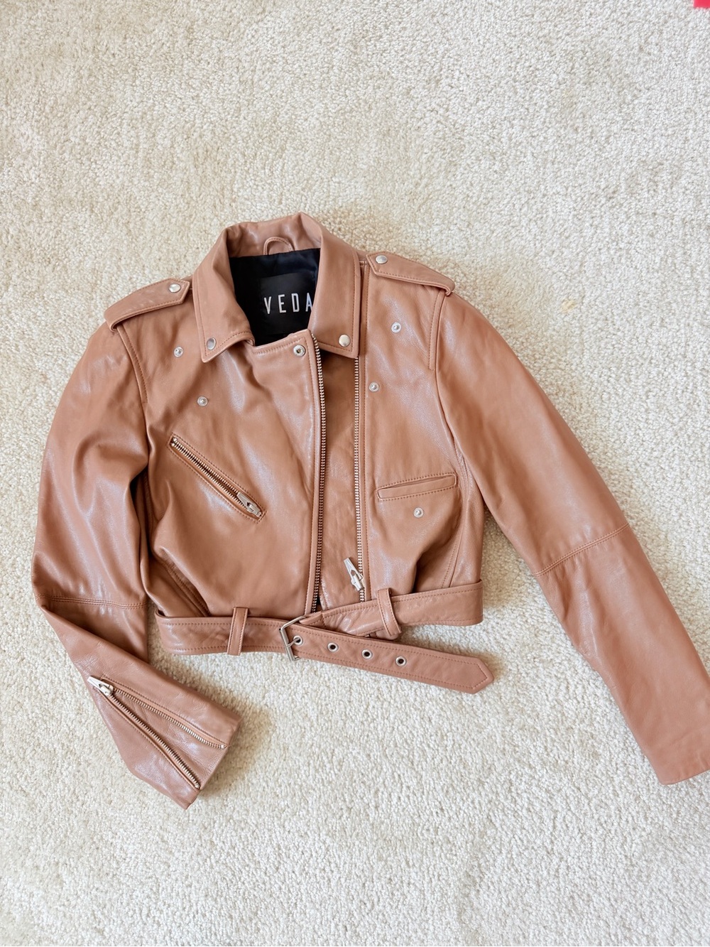 Veda Cognac Leather Cropped Moto Jacket